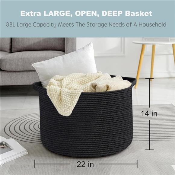 Large Black Blanket Basket, 22" X 22" X 14" Woven Rope Baskets for Storage, Kids - Picture 3 of 7